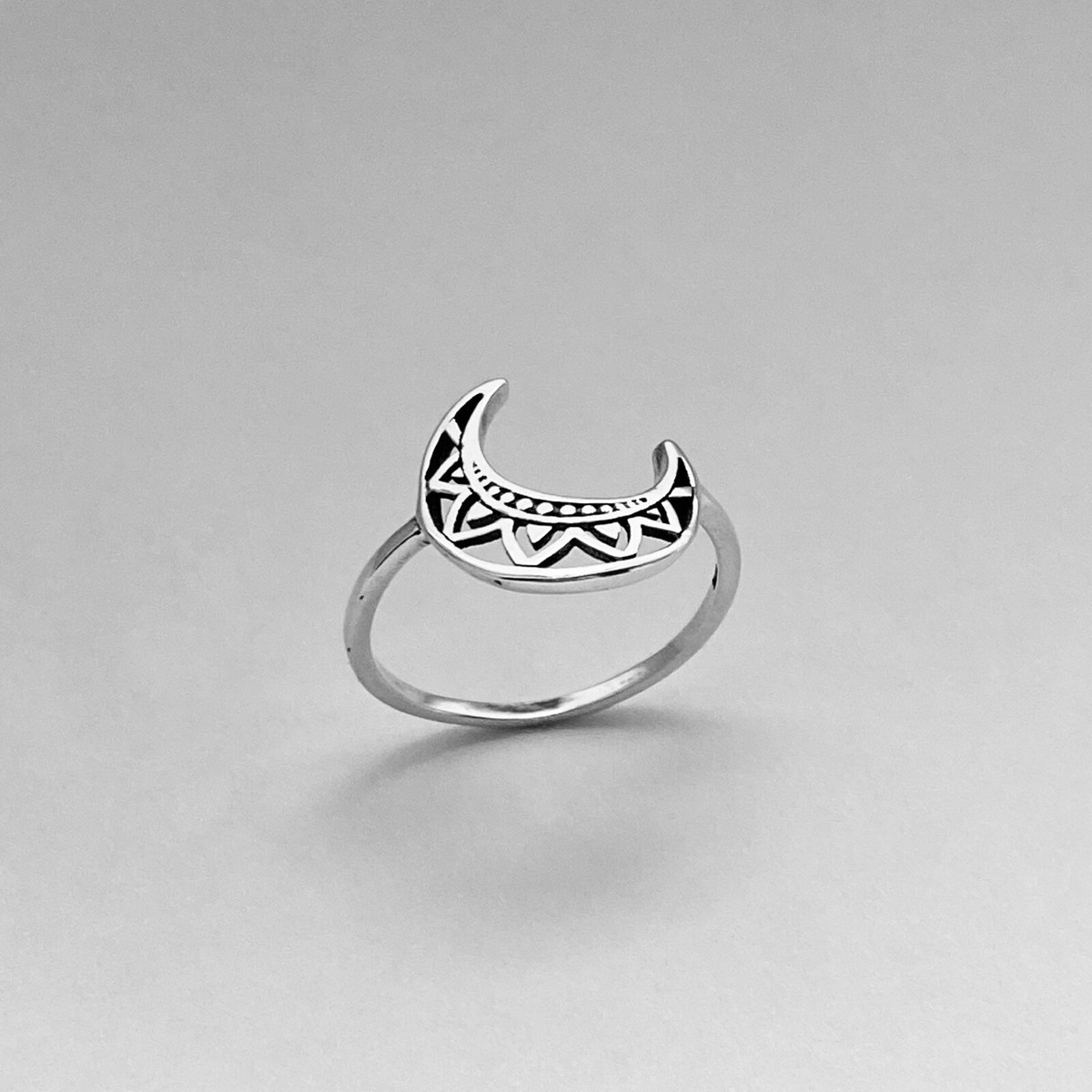 Sterling Silver Flower Moon Ring, Silver Ring, Crescent Moon