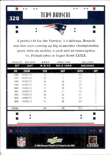 2005 Score #328 Tedy Bruschi SN New England Patriots - Picture 2 of 2