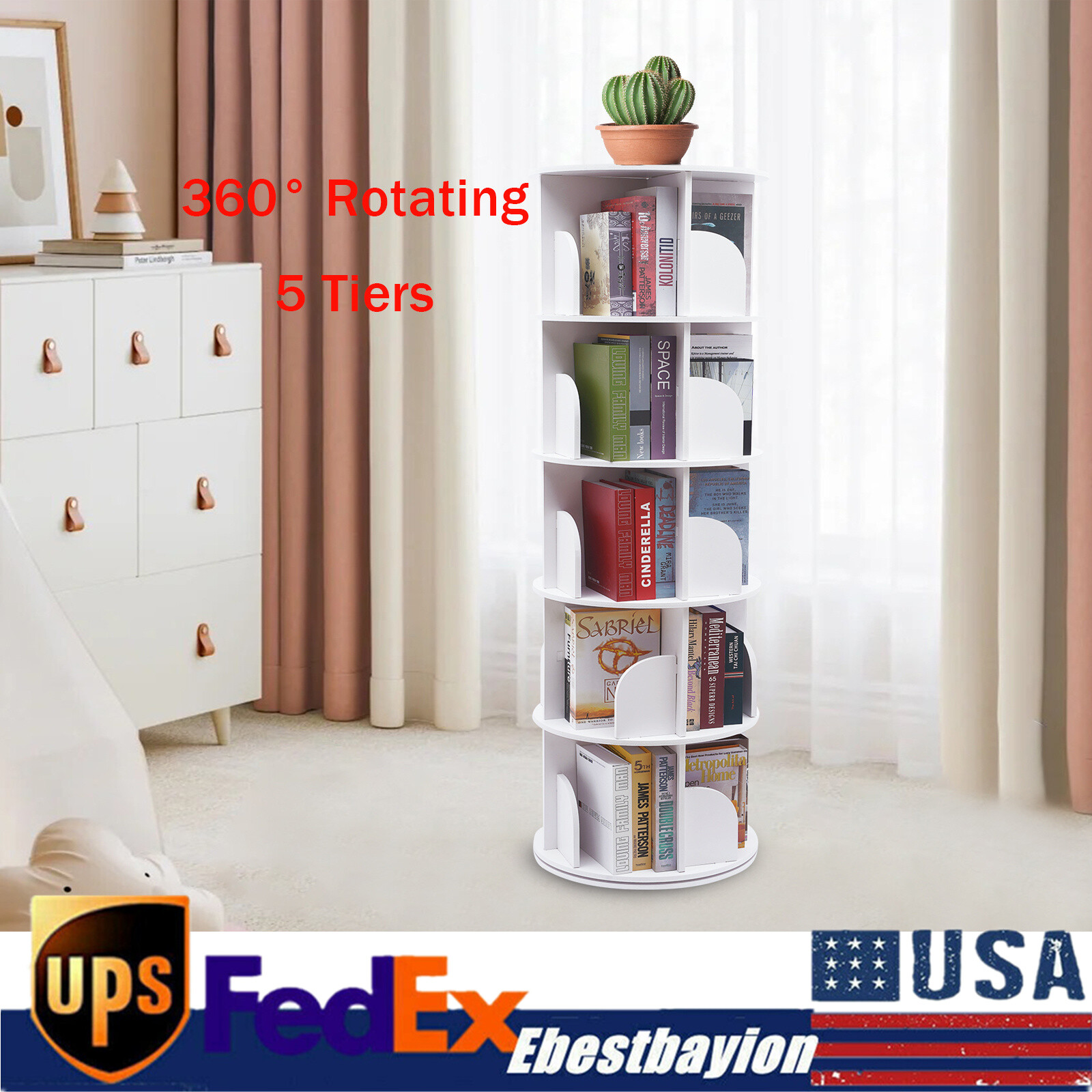 360-Degree Rotating 5-Tier Bookcase Freestanding Storage Shelf Display Rack