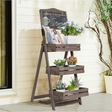 3 Tier Rustic Wood Plant Stand Sidewalk Board With Display Shelf Indoor Outdoor
