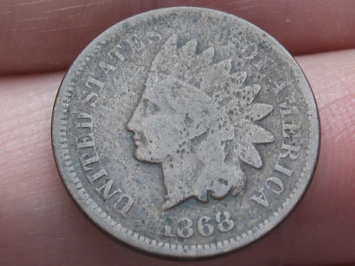 1868 Indian Head Cent Penny- VG/Fine Details, Reverse Die Cud Error