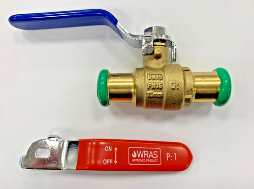 EP M PROFIL 15mm PRESS FIT HEBELKUGELHAHN MIT ROTEN & BLAUEN GRIFFEN - Bild 1 von 4