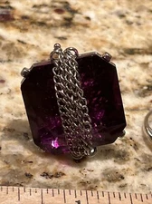 Large Square Purple Cubic Zirconia Silver Tone Stretch Band Cocktail Ring