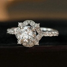 Art Deco Round Cut Lab Created Diamond Halo Wedding 14K White Gold Finish Ring