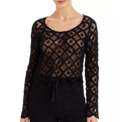 Aqua Womens Round Neck Cotton Casual Crochet Pullover Top Black Size S NWT