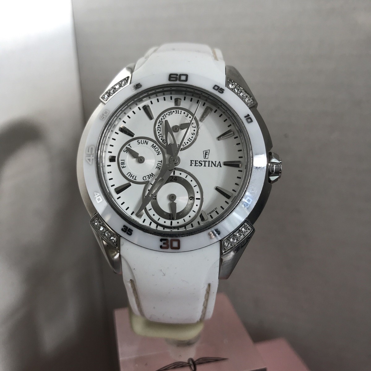 Festina Ladies White Dial Ceramic Bezel And White Rubber Strap