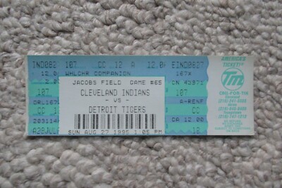 CLEVELAND INDIANS VS DETROIT TIGERS 8/27/1995 FULL TICKET ~ PAUL SORRENTO HR