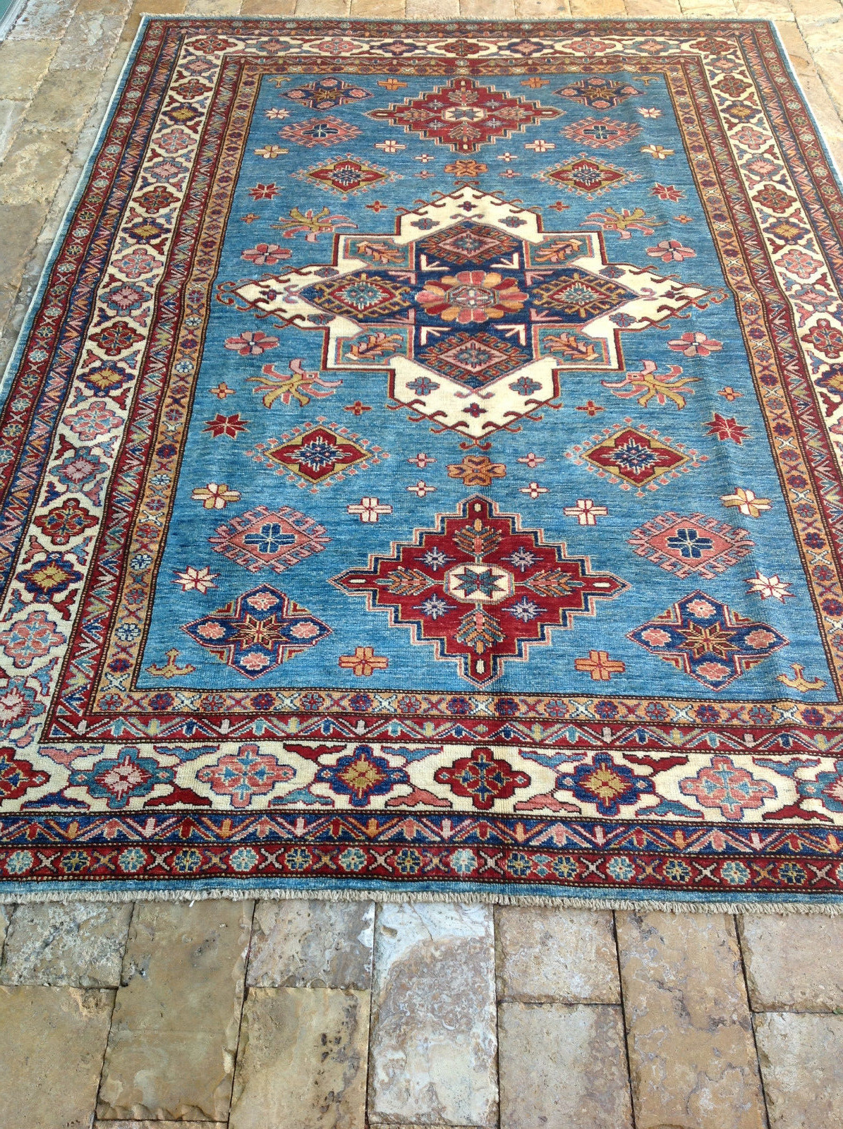 Восточный ковер из тонкой супер-казахской шерсти, связанный вручную в племенном стиле, 58 X 81