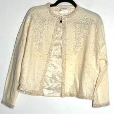 Vintage 1950s Jeri-Jo Beaded Sequin Embellished Cardigan Wool Angora 44 L