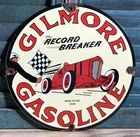 VINTAGE 1939 DATED GILMORE GASOLINE RECORD BREAKER PORCELAIN GAS OIL SIGN
