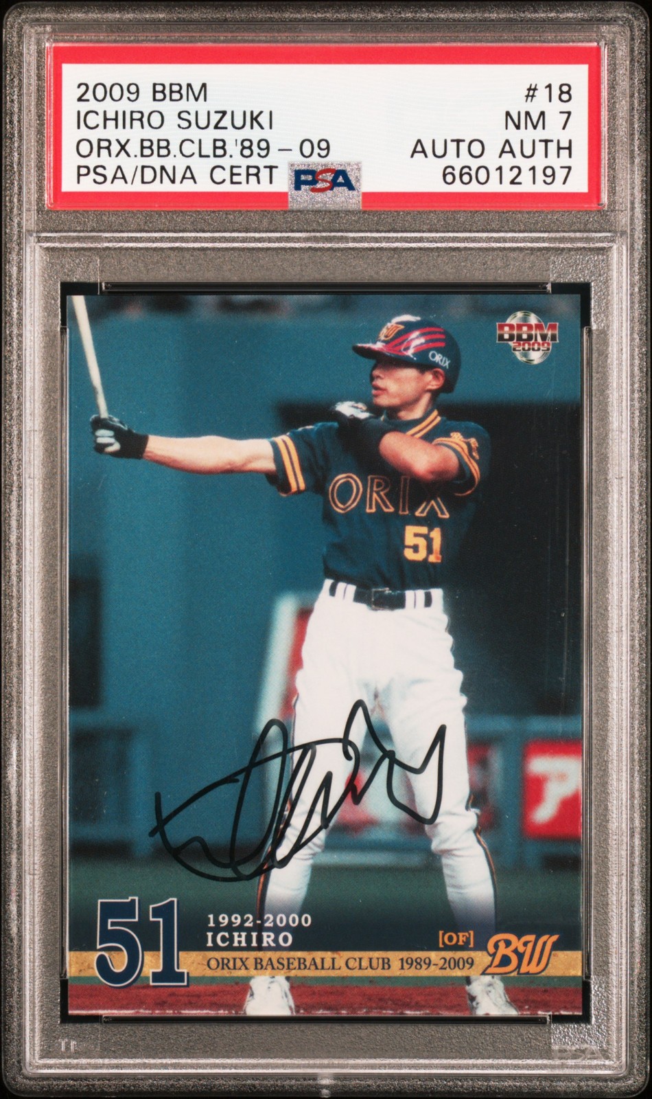 2009 BBM Orix Baseball Club 1989-2009 #18 Ichiro Suzuki PSA 7 Authentic Auto view 1