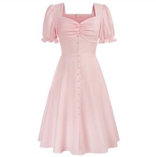 Belle Pogue 50’s Style Swing Dress Size S Pink Sweetheart Neck Puff Sleeve