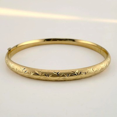 Estate 14K Solid Yellow Gold Over Leaf Engraved Hinged Bangle Bracelet 6 mm/7.5''