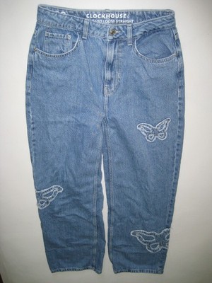 C&A Clockhouse High Waist Loose Straight Jeans Gr. 38 blau mit Schmetterlingen