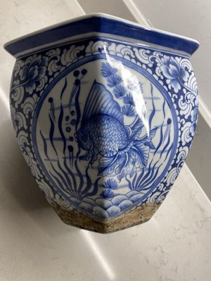 Chinesisches blau-weißes Porzellan Fischglas Übertopf - Vintage chinesischer Übertopf