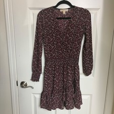 Michael Michael Kors Burgundy Floral Smocked Waist Faux Wrap Mini Dress XXS