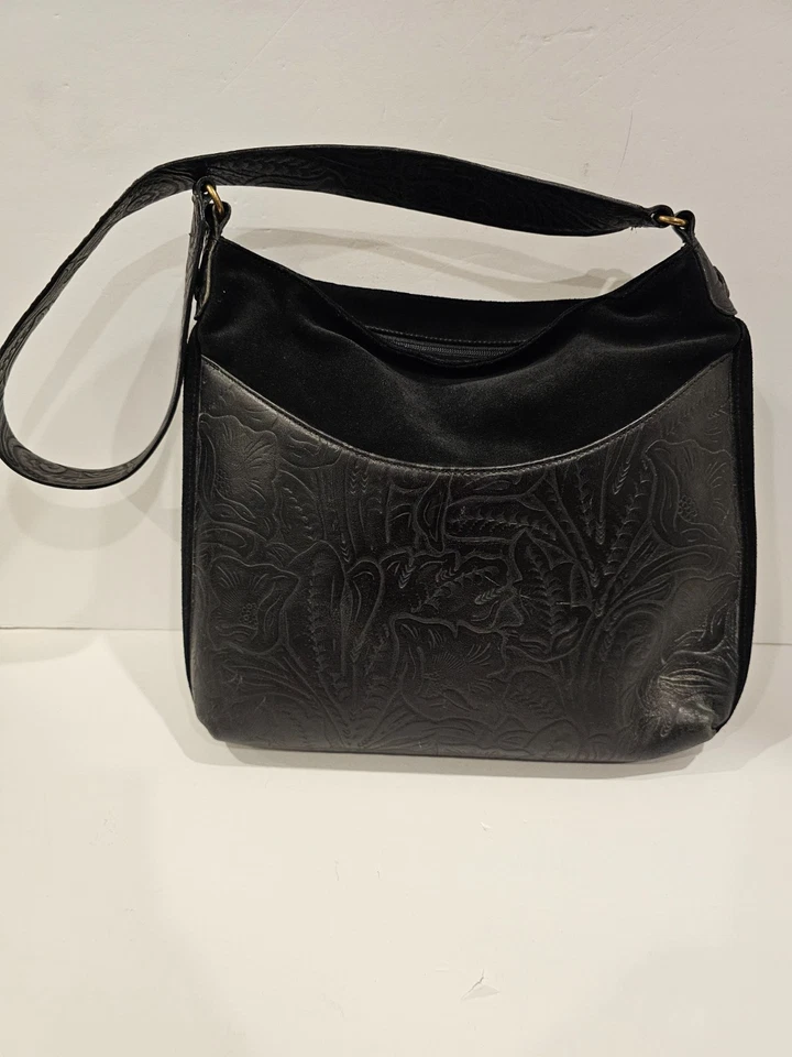 MAXX New York Floral Black Embossed Leather Purse Brown Plaid Lined STUNNING - Image 3 of 4