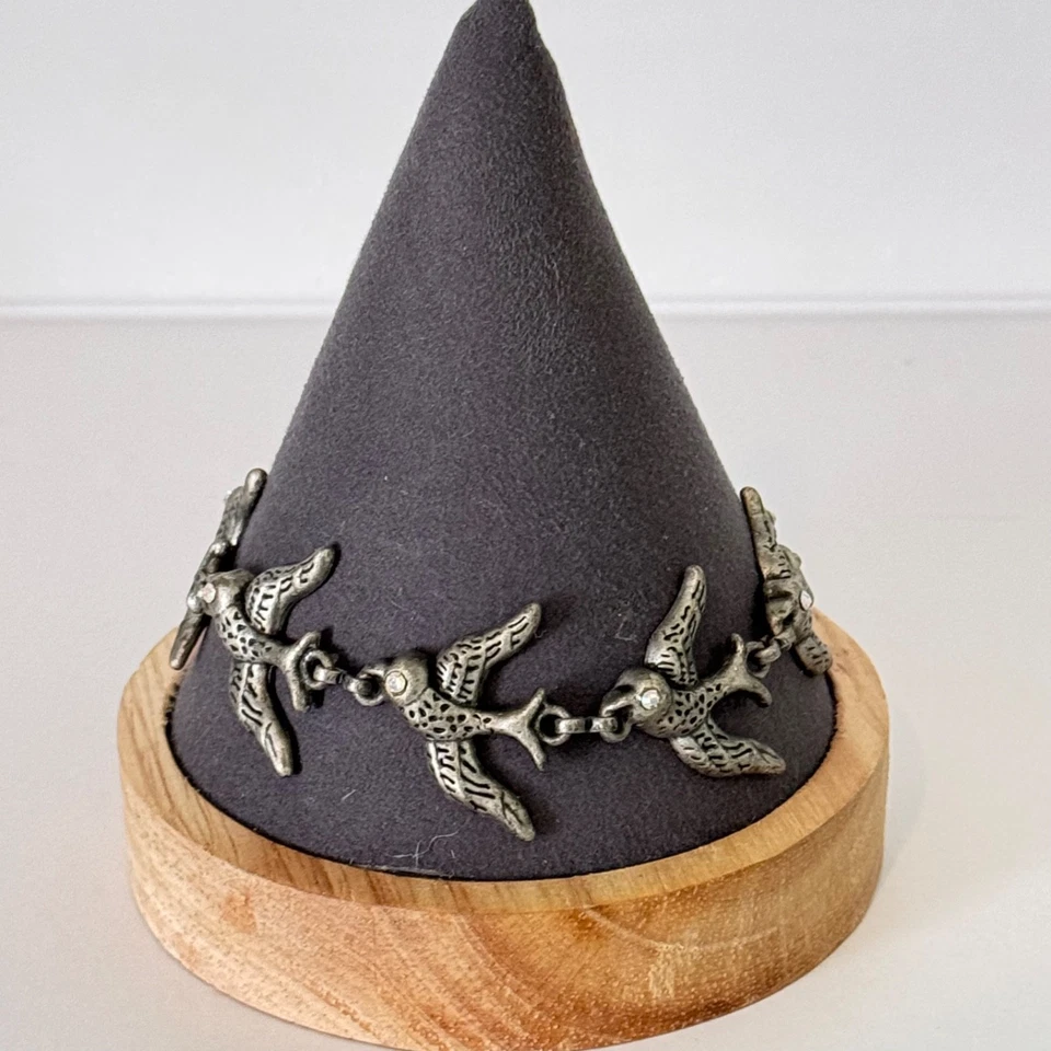 Flying Swallow Bird Charm Bracelet Rhinestone Eyes Silver Tone - Image 2 of 4