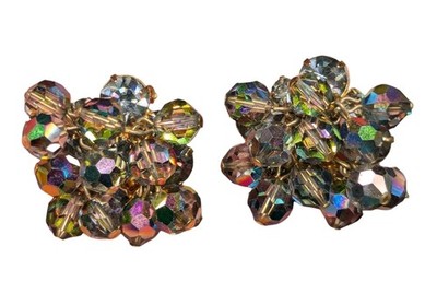 Vintage JULIANA Aurora Borealis AB Crystal Beaded ChaCha Gold Tone Clip Earrings