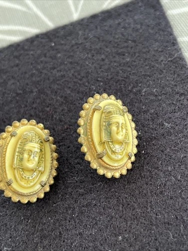 MIRIAM HASKELL Gold Tone Faux  Egyptian Revival Clip Back Earrings
