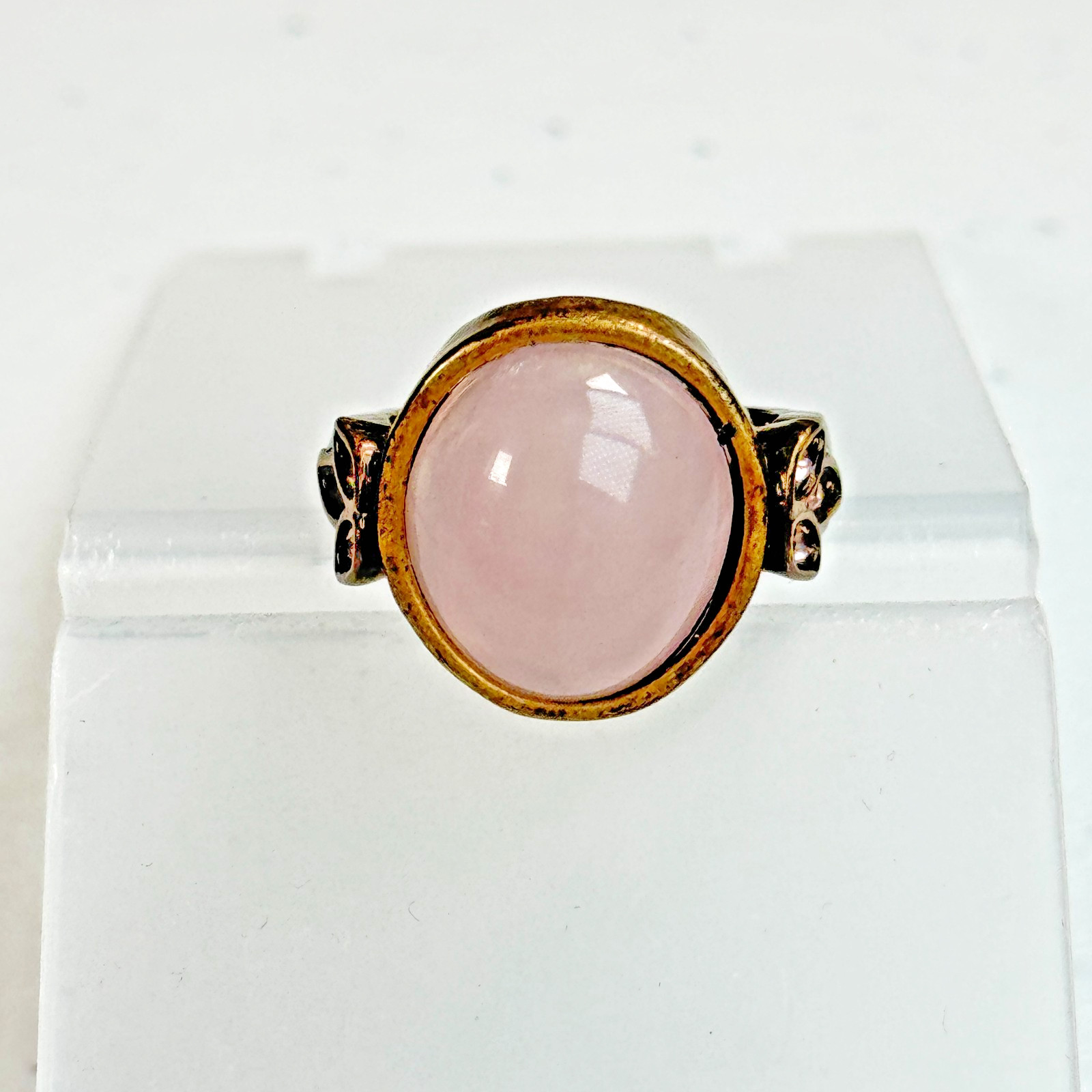 Vintage Ring Pink Oval Stone Gold Tone Floral Rhinestone Accent Chunky