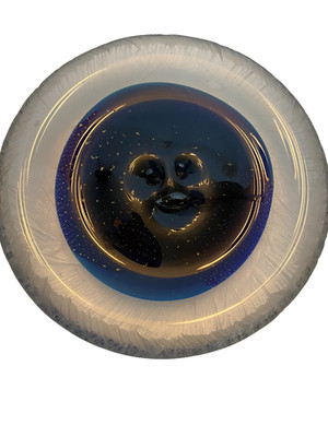 Large Glass Studio Art Man in Moon Disk Paperweight Blue w Gold Fleck 7''x1.5''