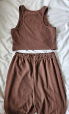 Women’s Brown Cotton Knit 2pc Set S Cropped Tank Top & Jogger Track Pants