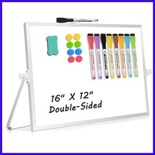 Dry Erase Magnetic White Board, 16" x 12" Double-Sided Desktop Whiteboard wit...