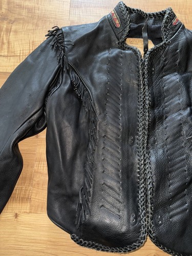 Vtg 90s Walter Co Black Leather Motorcycle Jacket Small Western Fringe Design - Picture 4 of 21