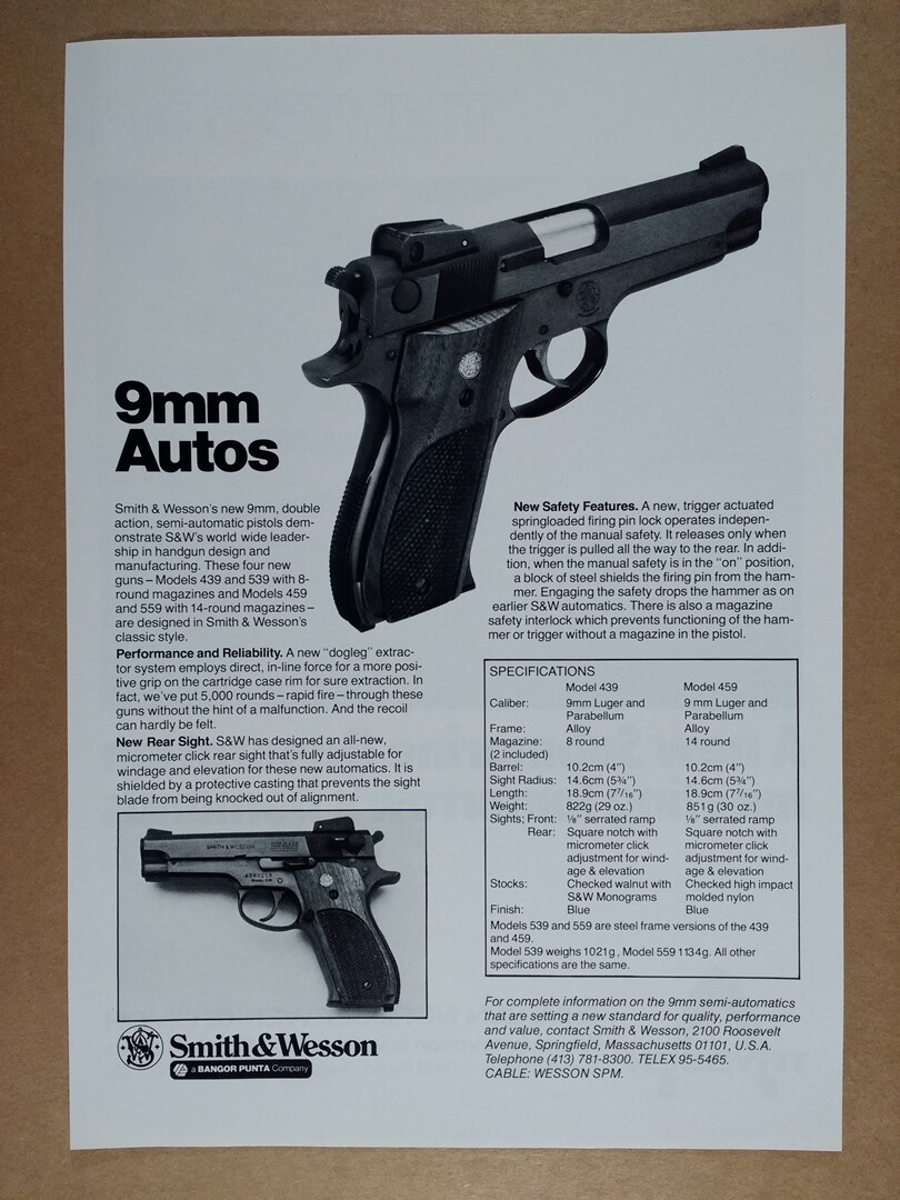 スミス&ウエッソン　SMITH & WESSON　【超レア商品】銃 ポスター 1981 Smith & Wesson 439 & 459 9mm Pistols vintage print Ad | eBay