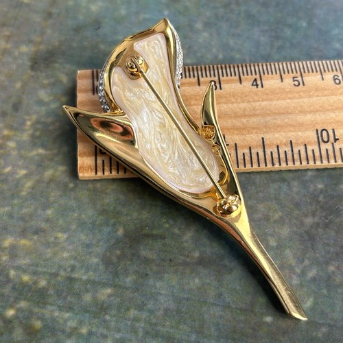 SWAROVSKI Crystal Pave Calla Lily Gold Plated Brooch Pin Signed Faux Pearl 7cm - Picture 6 of 9