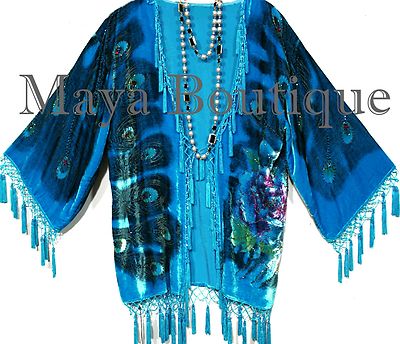 Silk Velvet Jacket Kimono Short Beaded Peacock Turquoise Maya