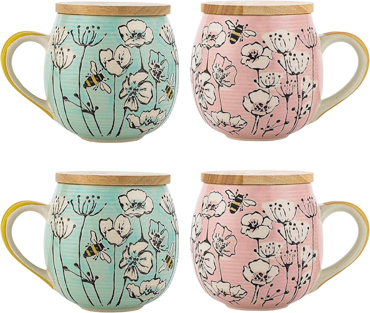 Ceramic Coffee Mugs with Lid Set of 4 16.9 Fl Oz Large Coffee