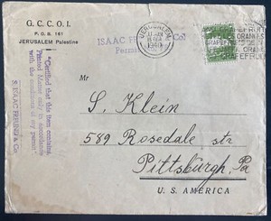1940 Jerusalem Palestine Slogan Cancel Cover To Pittsburgh PA USA