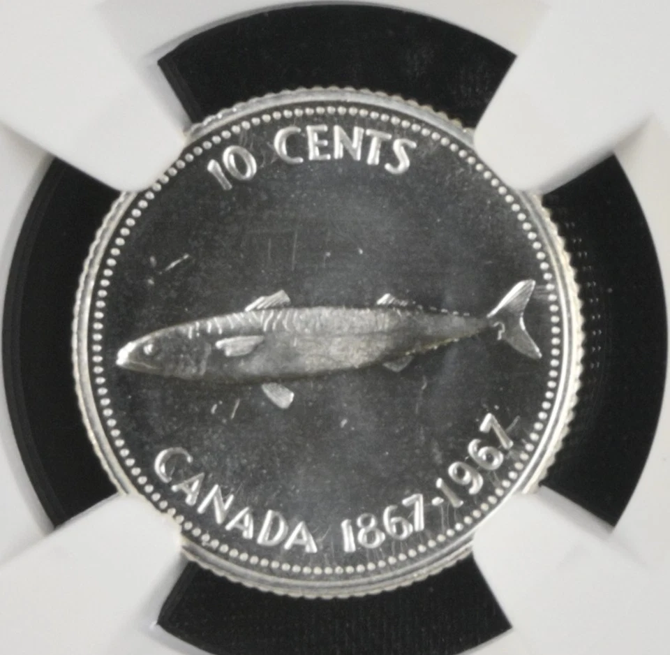 :1967 SILVER DIME 10C CANADA MACKEREL 100 ANNIV PROOF LIKE NGC PL67 TOP POP 14/0 - Image 3 of 4