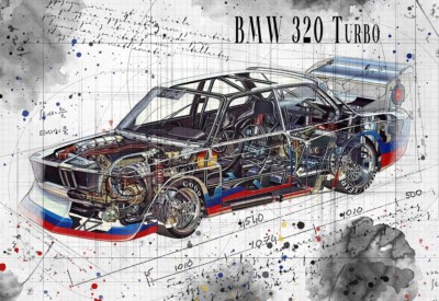Line Tech Zeichnung BMW 320 Turbo Cutaway Kunst Posterdruck