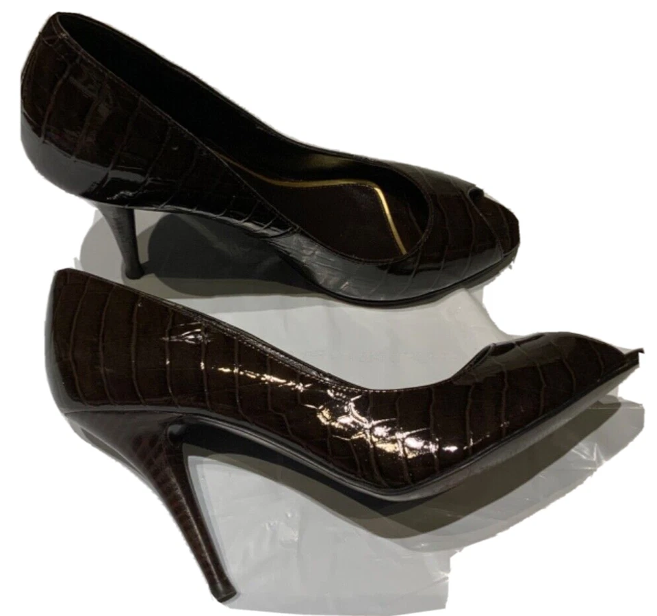 Lauren Ralph Lauren Brown Croc Embossed Leather Peep Toe Heels Shoes Size 9M - Image 4 of 4