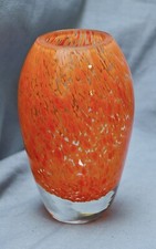 Vase studio glass, hand blown handmade, clear with orange fusions, 11.5 cm