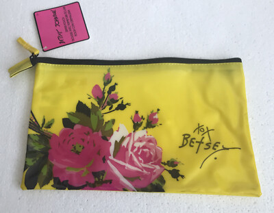 BETSEY JOHNSON Zipper Pouch Make Up Bag Yellow Pink Roses Clutch Travel  Purse