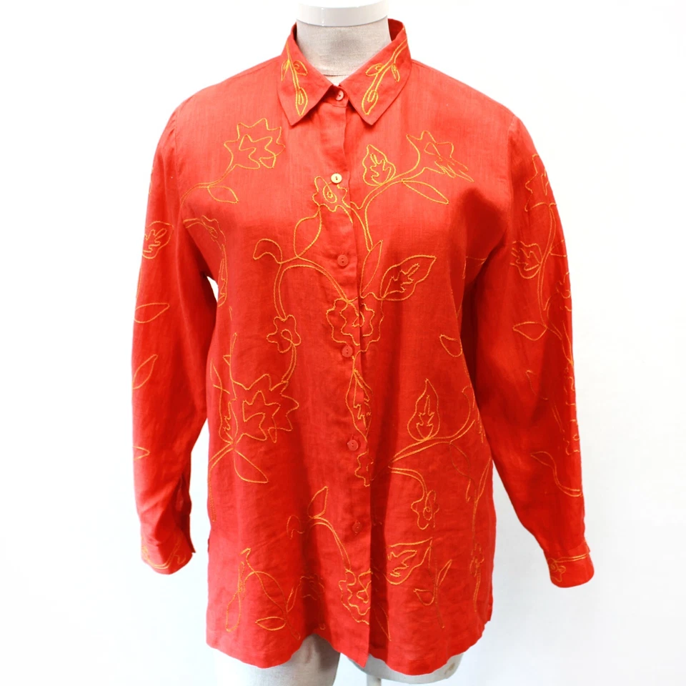 Blusa Josephine Chaus Plus 100% linho laranja bordada com colarinho 18 1X - Imagem 2 de 4