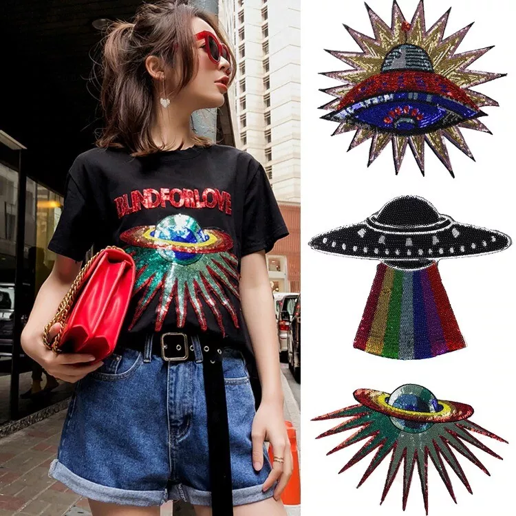 UFO Sequin Patch Textiles Clothing Patches Stick Decal Embroidered