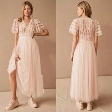 NEEDLE & THREAD Florentina Dress Pink Floral Lace Embellished Ruffle Midi Maxi