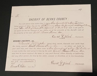1877 antique PAY claim EAST PENN IRON CO night watch furnace berks pa DAVE BLOCK