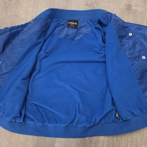 Carbon Men’s Blue White Varsity Jacket Snap Front Striped Collar/Cuffs Small image 3