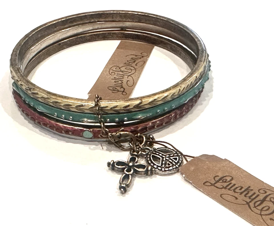 LUCKY BRAND GOLD SILVER LEATHER FAUX TURQUOISE ENAMEL BRACELETS CHARMS LOT 6 LN - Image 3 of 4