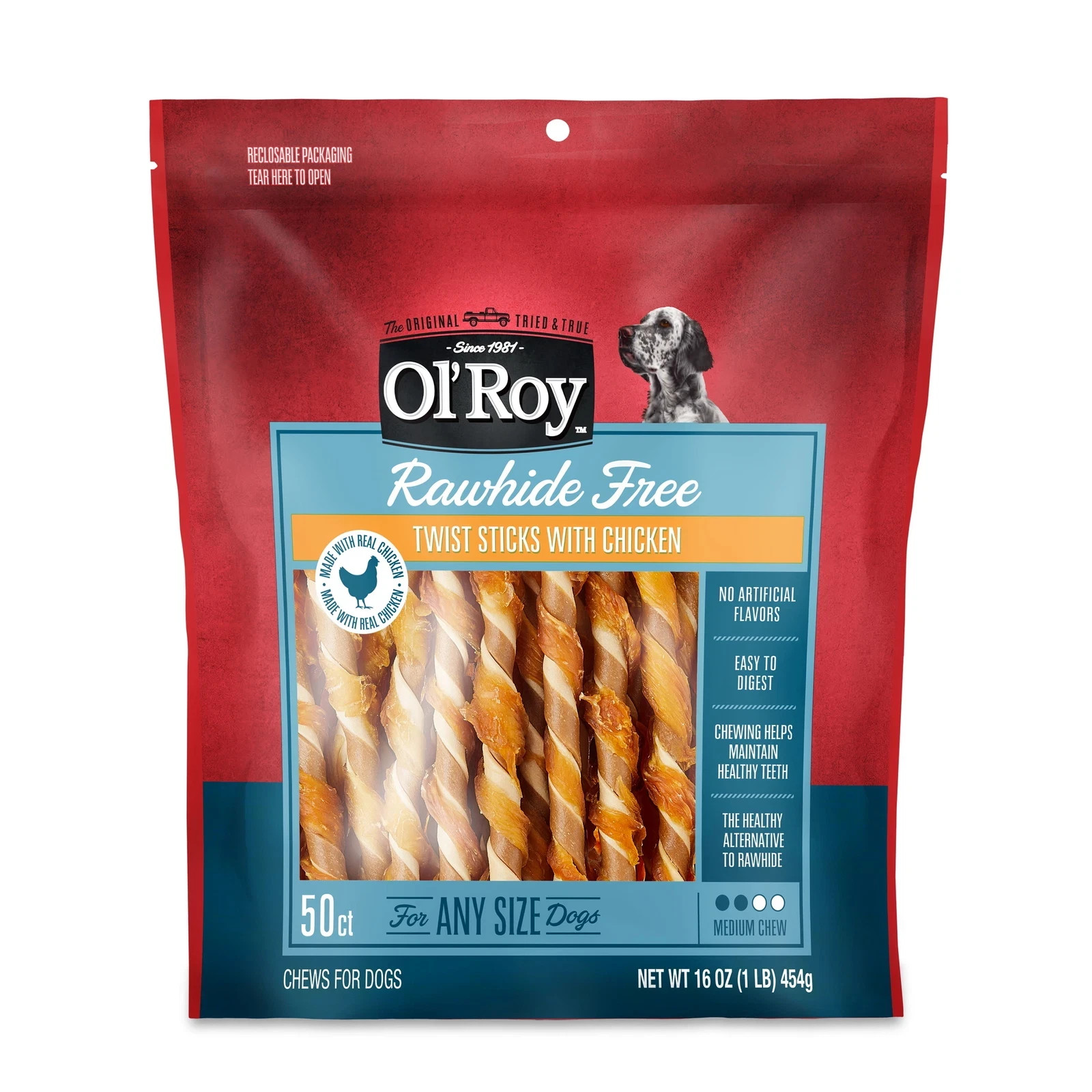 Ol' Roy Rawhide Free Twist Sticks with Chicken Dog Treats, 50ct,16oz.Bag