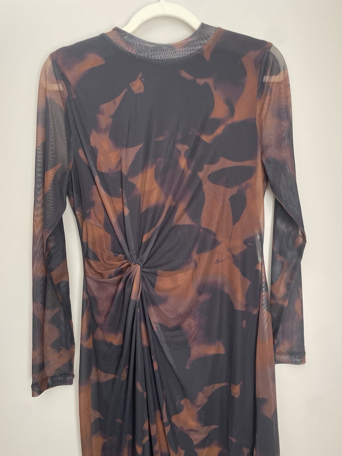 Mint Velvet Dress M Black Brown Mesh Stretchy Midi Sheer Long Sleeve Whimsigoth