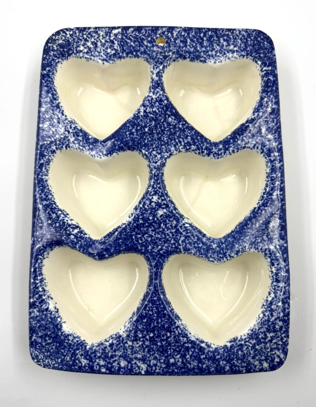 Blue and White Ceramic Baking Dish with 6 Heart Shapes for Muffins Cupcakes