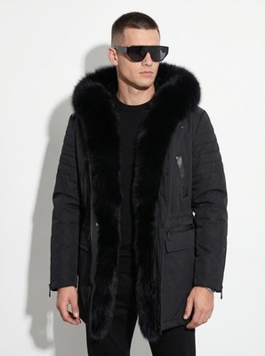 Men's Real Fox Fur Trim Hooded Parka Jacket Black Winter Luxury Coat