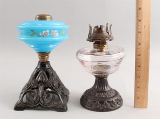 2 Antique Oil Lamps Painted French Blue Opaline Glass & Barries Patd Cast Iron